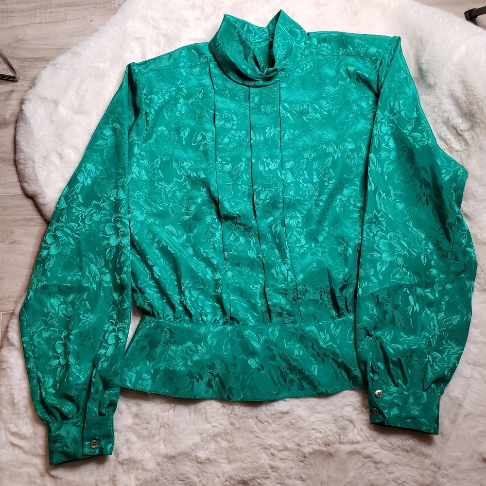 Women Vintage Notches Green Blouse